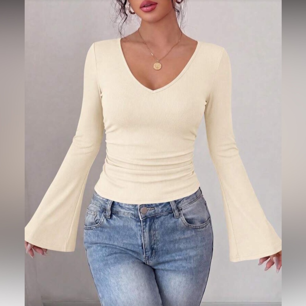 Women's Cream V-Neck Bell Sleeve Top